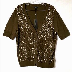 Talbots Cardigan Women XL Army Green Sequins V Neck Button Down Short Sleeve NWT